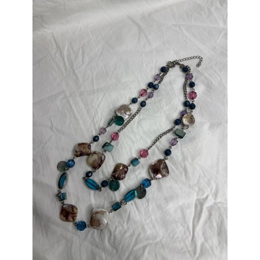 Multi Strand Statement Necklace Natural Shell Beads Blue Pink Purple Accent